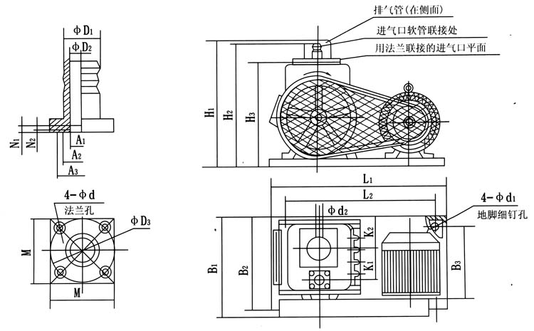 2X-4A型雙級(jí)旋片式真空泵的安裝尺寸表